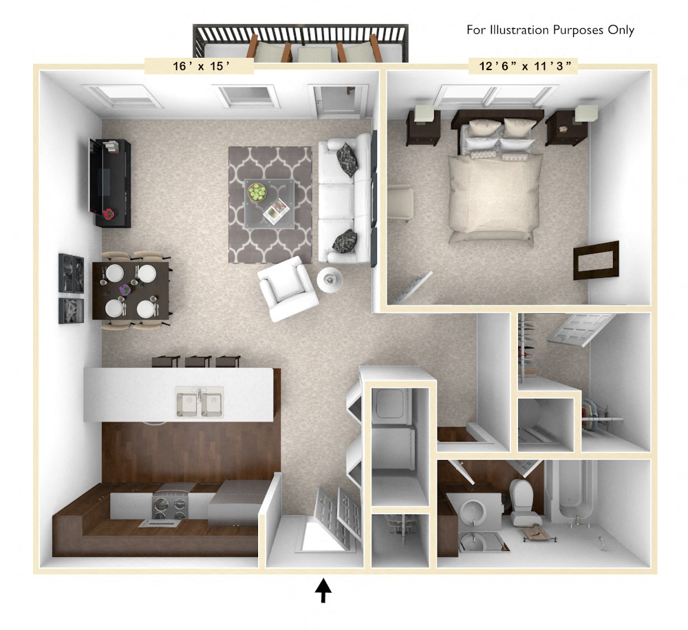 Floor plan for 1 bed, 1 bath, 711 sqft